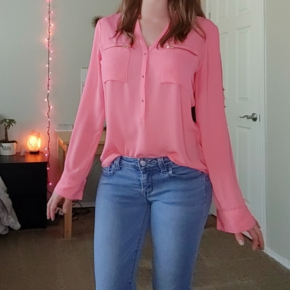 Express Tops - Express salmon pink zipper pocket popover shirt xs